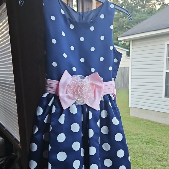 Rare Editions Navy Polka Dot Dress with Pink Bow - Picture 1 of 1